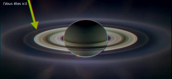 Anneaux de Saturne, pris de l'autre côté (la flèche indique la Terre