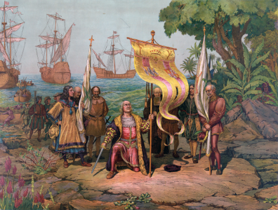 Peinture montrant Christophe Colomb prendre possession des Amériques en 1492, il pose un genou à terre et lève sa bannière, entouré de quelques compagnons de voyages, avec ses bateaux à l'arrière-plan. Peinture montrant Christophe Colomb prendre possession des Amériques en 1492, il pose un genou à terre et lève sa bannière, entouré de quelques compagnons de voyages, avec ses bateaux à l'arrière-plan.
