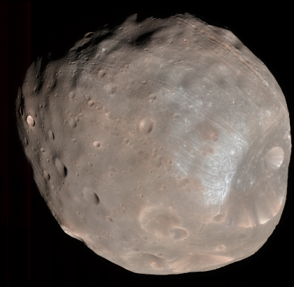 Photographie de Phobos prise par la sonde Mars Reconnaissance Orbiter. Comme pour Deimos, il s'agit d'un gros caillou un peu difforme sur lequel on voit apparaître quelques cratères d'impact. La photo est un peu plus nette que l'autre.