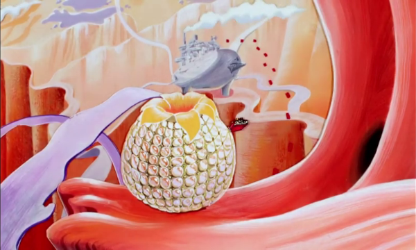 Capture du dessin animé Il était une fois la vie, dans lequel on voit, au milieu de la cellule, un lysosome, représenté sous la forme d'une sorte d'ananas creux (dans lequel des portes s'ouvrent sur certaines animations, mais ce n'est pas visible ici). Les lysosomes sont peu montrés dans la série, mais on nous explique qu'ils servent à décomposer les sucres et matières grasses, et on nous les montre à plusieurs reprises participer à la défense cellulaire en digérant des virus et autres envahisseurs.