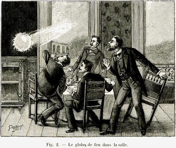 Je n'ai pas trouvé de véritable photo de foudre en boule, alors voici l'image qui illustre actuellement la page Wikipédia à ce sujet, une gravure datée de 1901 montrant quatre hommes jusque là attablés qui se lèvent de surprise en voyant une sorte d'orbe lumineux entrer par la fenêtre. L'image porte une légende « Fig. 2 – Le globe de feu dans la salle ».