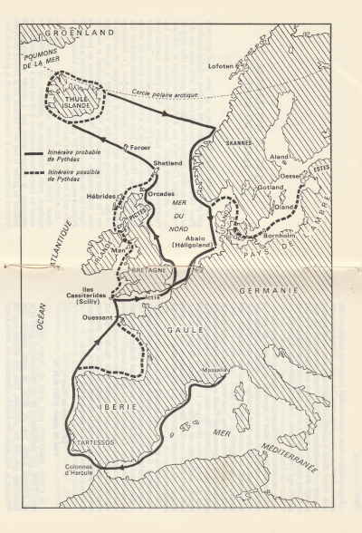 Carte d'Europe occidentale montrant l'itinéraire hypothétique suivi par Pythéas et son équipage. Parti de l'emplacement actuel de Marseille, il est allé jusque dans l'océan Atlantique en longeant les côtes de ce qui est actuellement l'Espagne et le Portugal, avant de rejoindre la Manche et de continuer plus au nord. Certaines hypothèses le font aller jusqu'en Islande, d'autres dans la mer Baltique. Il a possiblement aussi fait le tour de l'Angleterre. Dans tous les cas, la partie importante, pour ce qui nous concerne ici, est son passage par la Manche, où ont lieu certaines des marées les plus fortes d'Europe.