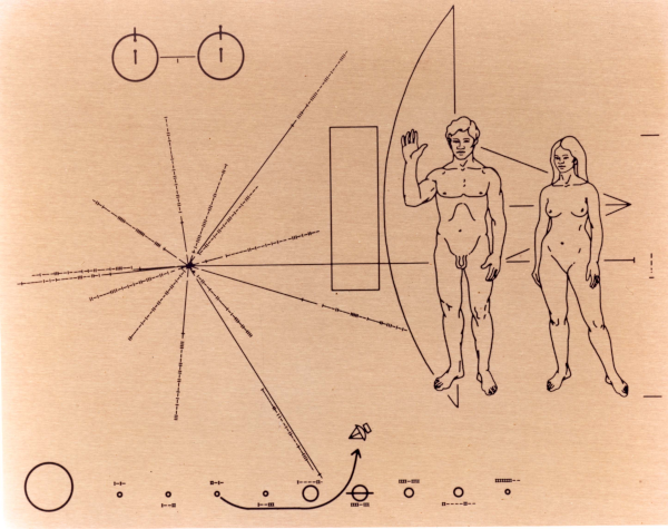 Reproduction de la fameuse plaque embarquée à bord de la sonde Pioneer 10 destinée à partir vers l'extérieur du système solaire (spoiler : plus de cinquante ans plus tard, cette sonde ne s'est éloignée de la Terre que d'environ un peu moins d'une journée-lumière, quand on estime la taille de notre système solaire à environ une année-lumière : on en est encore loin). On voit en bas une reproduction du système solaire, avec le Soleil, ses huit planètes, et Pluton, ainsi qu'une flèche indiquant que la sonde provient de la troisième de ces planètes. En haut, un petit schéma mentionne la transition hyperfine de l'atome d'hydrogène, un truc dont je vous causerai peut-être plus en détails dans un autre thread, on verra, et entre les deux, plusieurs traits gradués partant d'un même point servent à indiquer la localisation du Soleil par rapport au centre de notre galaxie et à quelques pulsars caractéristiques. Mais je vous montre surtout cette image pour les dessins, à droite, d'un homme et d'une femme nus, l'homme levant la main pour saluer, qui sont censés essayer de représenter l'humanité dans son ensemble. Il y aurait évidemment pas mal de choses à redire, mais bon.