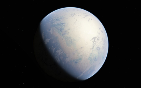 Image de la Terre lors de la glaciation huronienne. La glace recouvre presque l'ensemble de la planète, car le rejet massif d'oxygène par les formes de vie de l'époque a causé un refroidissement climatique intense qui a duré environ trois cent millions d'années. Image de la Terre lors de la glaciation huronienne. La glace recouvre presque l'ensemble de la planète, car le rejet massif d'oxygène par les formes de vie de l'époque a causé un refroidissement climatique intense qui a duré environ trois cent millions d'années.