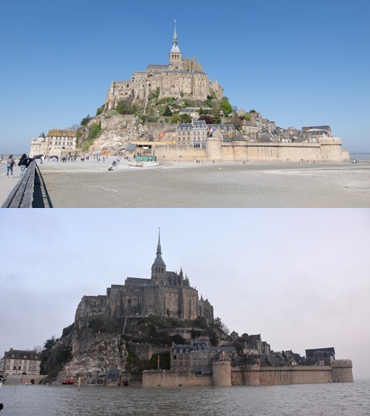 En réponse à l'image du premier pouet, deux photos du Mont Saint Michel prises depuis le pont qui y mène (et trouvées sur la page Wikipédia dédiée). On voit la ville fortifiée entourée, en haut, d'une grande étendue de sable sur laquelle un certain nombre de gens peuvent marcher sans difficultés… tandis qu'en bas, à marée haute, le sable a complètement disparu et la ville est maintenant une île. Le pont n'est pas spécialement visible sur ces images, mais notons que, pendant les plus grandes marées, il se retrouve lui-même à moitié submergé, empêchant complètement de passer pour une bonne heure.