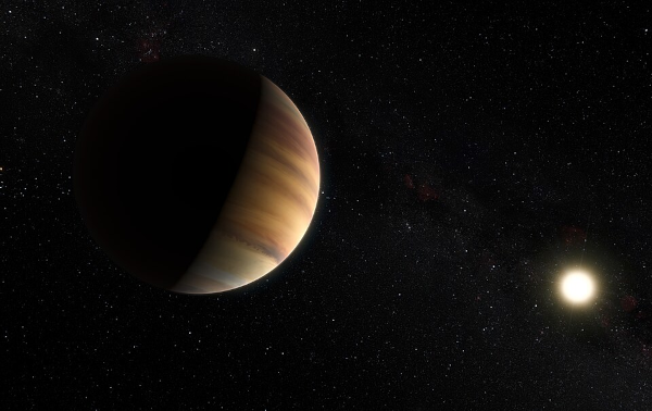 Vue d'artiste de 51 Pegasi b, une des premières exoplanètes découvertes. On voit la planète, qui ressemble un peu à Jupiter, tourner autour d'une étoile jaune. Cette exoplanète a été surnommée « Dimidium » parce que sa masse est environ la moitié de celle de Jupiter, la plus lourde des planètes de notre système. On est maintenant capables de détecter des planètes plus légères que ça, mais les comètes restent beaucoup trop légères pour nos instruments.