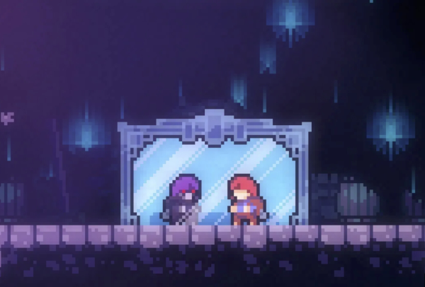Capture d'écran du jeu vidéo Celeste, montrant l'héroïne, Madeline, en train de se regarder dans un grand miroir. Sauf que son reflet n'a pas les mêmes couleurs… et finira par s'échapper du miroir pour être l'antagoniste d'une bonne partie du jeu, représentant une partie d'elle-même que Madeline n'arrive pas à accepter.
