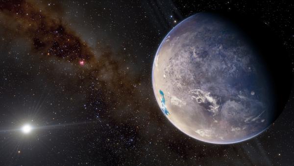 Vue d'artiste d'une exoplanète ressemblant à la Terre, trouvée sur Wikimédia commons. On voit, sur fond de ciel étoilé où l'étoile autour de laquelle tourne cette planète est clairement identifiable en bas à gauche car beaucoup plus lumineuse que celles de l'arrière-plan, une grosse boule dont l'atmosphère a des reflets bleutés, dont on voit beaucoup de sol, mais aussi quelques étendues liquides, et aussi des nuages. Une bonne partie de ce que j'ai préparé pour la fête de la science concerne en effet les exoplanètes potentiellement habitables, dont j'ai déjà parlé dans quelques threads ici. Vue d'artiste d'une exoplanète ressemblant à la Terre, trouvée sur Wikimédia commons. On voit, sur fond de ciel étoilé où l'étoile autour de laquelle tourne cette planète est clairement identifiable en bas à gauche car beaucoup plus lumineuse que celles de l'arrière-plan, une grosse boule dont l'atmosphère a des reflets bleutés, dont on voit beaucoup de sol, mais aussi quelques étendues liquides, et aussi des nuages. Une bonne partie de ce que j'ai préparé pour la fête de la science concerne en effet les exoplanètes potentiellement habitables, dont j'ai déjà parlé dans quelques threads ici.