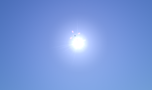 Capture d'écran de Stellarium, ça faisait longtemps, mais montrant le ciel en plein jour, ce qui n'est pas souvent avec ce logiciel. Il est réglé sur le quatorze juillet dernier (un jour où, comme pas mal de monde ici, je suis resté dans mon lit douillet, en tout cas le matin car j'avais des séances de planétarium à animer l'après-midi), soit le moment de la dernière Nouvelle Lune à l'instant où j'écris ces lignes (la prochaine étant, vous vous en doutez, prévue précisément pour le douze août prochain). On voit donc le halo assez prononcé du Soleil dans le ciel (le mot « Soleil » est d'ailleurs écrit mais on n'arrive à en deviner que les dernières lettres, et encore), et juste à côté (en haut à gauche), un petit point noir mis en évidence, mais qui en vrai est totalement invisible : notre Lune.