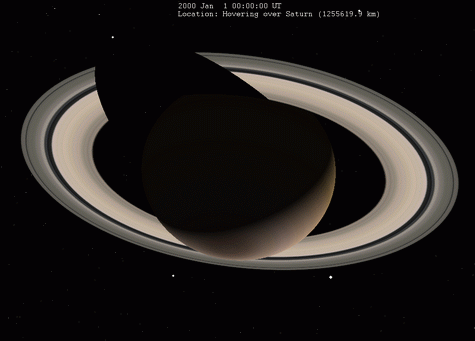 Animation, trouvée sur Wikimédia Commons, montrant l'évolution des ombres au fil du temps sur Saturne et ses anneaux. Toujours depuis le même point de vue, on voit l'effet de la position de Saturne par rapport au Soleil, avec l'ombre de la planète qui se déplace sur les anneaux, mais aussi l'ombre des anneaux qui occupe une partie plus ou moins importante de la surface de la planète (si vous préférez une vraie photo, le même phénomène était visible sur l'image d'ouverture du thread sur Titan). On voit donc que selon l'angle, une partie importante de la lumière du Soleil est masquée par les anneaux, diminuant donc d'autant la chaleur reçue par la planète. On repère aussi que les anneaux sont plus ou moins brillants selon si on est du côté directement éclairé ou non. Dans la réalité, ce que nous voyons sur cette animation correspond à un cycle de 29 ans.