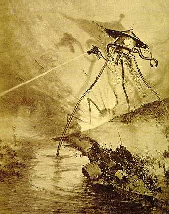 Image, illustrant actuellement la page Wikipédia dédiée au livre, d'un tripode, un des véhicules d'invasion utilisés par les martiens dans le roman de Wells. On voit en bas de l'image une rivière qui en traverse la moitié gauche, et sur la droite, au dessus d'un navire échoué, un gigantesque robot à trois pieds (d'où son nom). Ces trois pieds sont de longues tiges fines supportant un habitacle, qui est donc pas mal en hauteur, un peu à la façon des blindés de terrain dans Star Wars, mais avec des jambes beaucoup plus souples, ce qui doit rendre plus difficile le fait de les faire s'écraser au sol. Plusieurs tentacules sortent de cet habitacle, dont une équipée d'un canon laser qu'on voit tirer sur l'image. On voit aussi l'ombre menaçante du véhicule portée sur les nuages en arrière-plan.