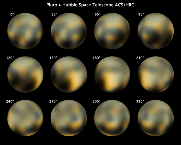 Série de photos de Pluton prises par le télescope spatial Hubble. On voit globalement une boule avec des tâches floues allant du jaune au noir. Il faut dire que Pluton est plus petite que notre Lune et plus loin de nous que Neptune, mais tout de même, ça montre qu'un télescope ne permet pas une si bonne vue que ça. Ces images étaient néanmoins les meilleures à notre disposition jusqu'à ce que la sonde New Horizon passe à proximité en 2015.