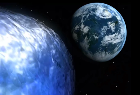 Autre capture d'écran du jeu, extrait d'une cinématique montrant la larme sélénite. On voit globalement une grosse tâche bleue pouvant peut-être évoquer un gros volume d'eau en train de se diriger vers une planète qui ressemble vaguement à notre Terre.