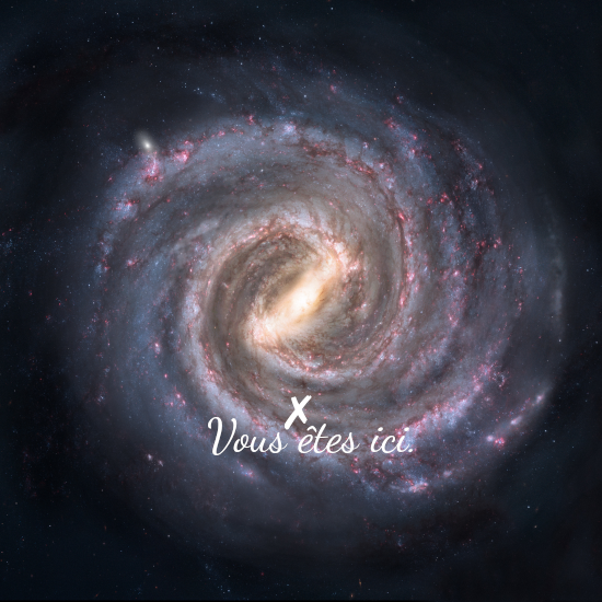 Représentation de notre galaxie, la Voie lactée, vue depuis l'extérieur (il s'agit d'une reconstitution, envoyer un robot à cette distance pour prendre une vraie photo demanderait quelques millions d'années de voyage). La position (approximative) du soleil est indiquée par une croix accompagnée d'une mention « vous êtes ici » dans l'un des bras spiraux, à un peu plus de mi-chemin (26 000 années-lumière environ) du centre. Représentation de notre galaxie, la Voie lactée, vue depuis l'extérieur (il s'agit d'une reconstitution, envoyer un robot à cette distance pour prendre une vraie photo demanderait quelques millions d'années de voyage). La position (approximative) du soleil est indiquée par une croix accompagnée d'une mention « vous êtes ici » dans l'un des bras spiraux, à un peu plus de mi-chemin (26 000 années-lumière environ) du centre.