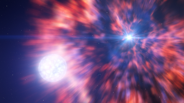 Vue d'artiste d'une supernova dans un système double. On voit basiquement une grosse explosion, avec un objet très lumineux au centre des couches de gaz qui sont soufflés vers l'espace, et un peu plus loin, la seconde étoile du couple qui brille encore mais risque de ne pas apprécier ce qui lui arrive sur la tronche.
