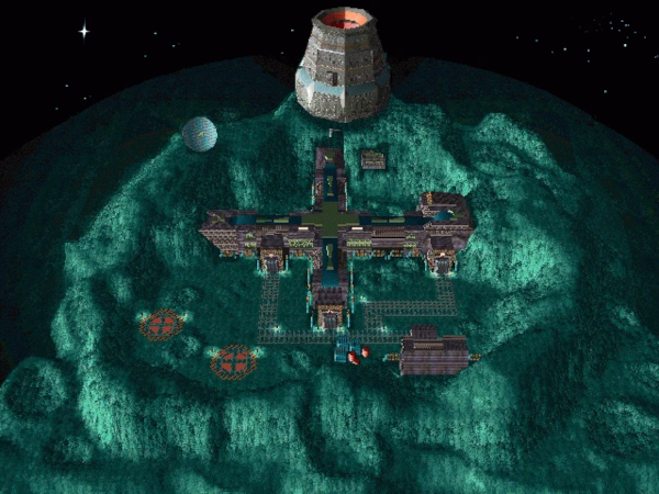 Plan de la base lunaire de LBA2, tel qu'affiché par l'holomap du jeu. On voit un bâtiment en forme de croix avec deux sites d'alunissage de navettes en bas à gauche, et en haut au centre, le fameux réacteur, qui a l'air assez énorme.