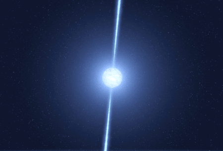Image (animée) d'un pulsar : on voit l'étoile à neutron tourner sur elle-même, et le faisceau de rayonnement être envoyé dans une direction précise, mais qui bouge avec cette rotation.