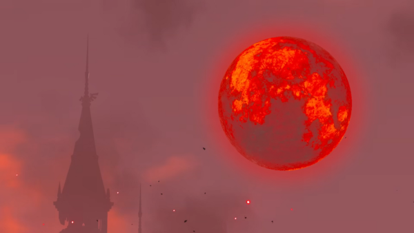 Capture d'écran de Breath of the Wild où on voit la lune du jeu colorée en rouge dans ce ciel, avec au premier plan une des tours du château d'Hyrule.