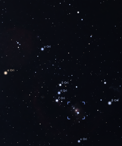 Capture d'écran de Stellarium, montrant cette fois la position du nuage d'Orion dans la nébuleuse du même nom, qui pour le coup apparaît visuellement sur l'image, puisqu'elle peut être visible à l'œil nu dans de bonnes conditions. Elle est tout de même signalée par la présence du petit carré habituel.