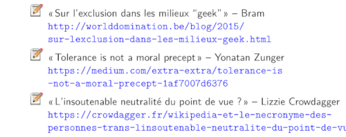 Capture d'écran d'une partie de diapo présentenant des références pour la conférence de Skeptikón aux Journées du Logiciel Libre demain, on y voit notamment l'article de Lizzie sur l'affaire Wikipédia, dont le lien déborde de l'espace disponible.