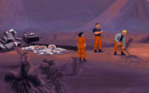 Capture d'écran du jeu The Dig, où on voit l'un des personnages du jeu, Brink, commencer à creuser dans une zone assez instable. Capture d'écran du jeu The Dig, où on voit l'un des personnages du jeu, Brink, commencer à creuser dans une zone assez instable.