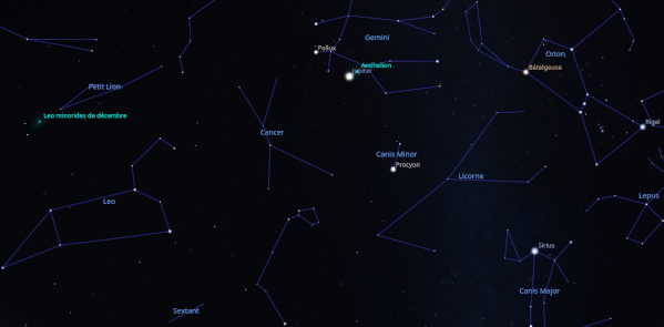 Capture de Stellarium montrant le ciel qu'on aura au dessus de nos têtes cette nuit, aux alentours d'une heure du matin. En regardant globalement vers le Sud-Est, on voit le Lion en train de se lever sous les pattes de la Grande Ourse, tandis qu'Orion est pour sa part déjà bien haut.