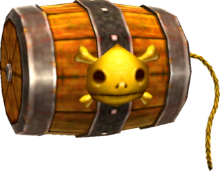 Image d'un baril de poudre (pas encore explosé) venu du jeu vidéo « The Legend of Zelda: Majora's Mask » (la version remasterisée, me semble-t-il), parce que je ne savais pas trop comment illustrer ce pouet. On voit juste un gros tonneau avec une tête de mort (probablement celle d'un Goron) dessus et une mèche qui dépasse pour l'allumer.