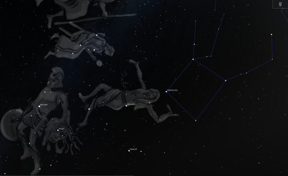 Capture montrant le tracé d'une constellation avec un grand carré, juste à côté du dessin d'Andromède.