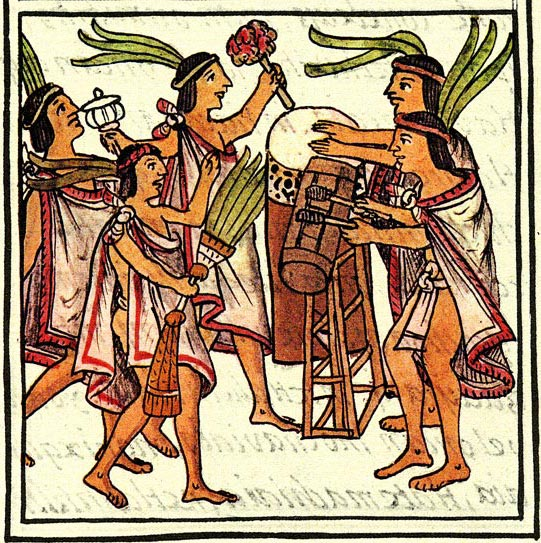 Dessin, trouvée sur Wikimédia Commons, montrant un groupe de Mexicas en train de jouer de la musique, parce que je n'en ai trouvé aucun les montrant en train de déguster cette boisson particulière, le « xocoatl », une boisson au cacao assaisonné de vanille et de piment. Il semble d'ailleurs que le mot « xocoatl » soit l'origine de notre mot « chocolat ». Notons au passage que le mot « aztèque » est due à une incompréhension de la part des conquistadors, d'où le fait que j'utilise ici « mexicas », qui correspond mieux au nom que ces gens ce donnaient. Même si ça reste une adaptation, car « mexica » sans s final était déjà un pluriel dans leur langue, le singulier étant « mexicatl ». Dans tous les cas, c'est ce mot qui a donné le nom actuel du pays situé à peu près là où s'étalait l'empire à l'époque, et par extension le nom du golfe où l'on trouve les gobis qu'on avait mentionné dans un ancien thread.