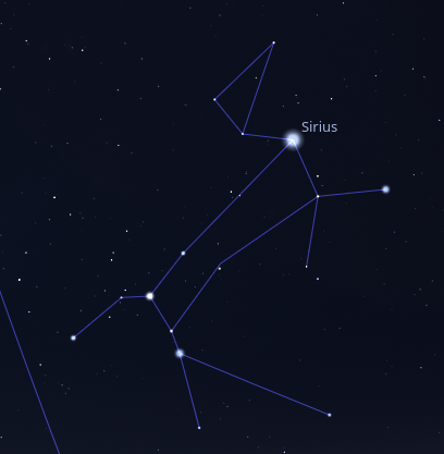 Capture d'écran du logiciel Stellarium, montrant la constellation du grand chien avec plein d'étoiles reliées entre elles. Le nom de Sirius est indiqué explicitement.
