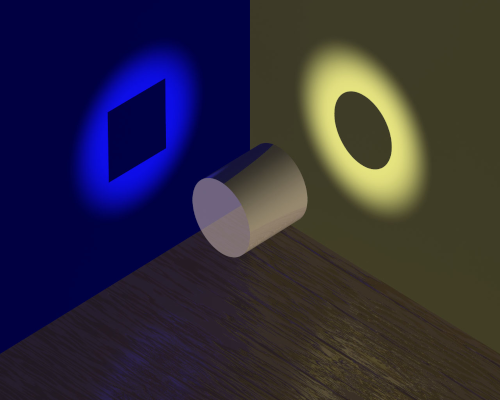 Cette image est utilisée comme illustration sur la page Wikipédia dédiée à la dualité onde-corpuscule, donc pourquoi je ne l'utiliserais pas ici aussi ? On voit un cylindre en 3D avec deux ombres, l'une carrée et l'autre ronde, en fonction de l'angle par lequel on l'éclaire. Voir une propriété ou une autre dépend donc de l'angle selon lequel on observe.