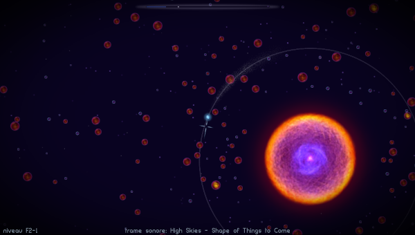 Autre capture d'écran du jeu Osmos, que je vous présentait au pouet 4. Il s'agit d'un niveau un peu plus avancé dans lequel on voit notre boule entourée de plein d'autres, rouges ou bleu (je ne détaille pas la signification de ces couleurs, je vous laisse découvrir le jeu), mais surtout une boule gigantesque située en l'occurrence en bas à droite, et autour de laquelle toutes les autres sont en train de tourner. Cette boule particulière, en effet, baptisée un « Attracteur » dans le vocabulaire du jeu, génère une sorte de champ gravitationnel qui fait ressembler l'aire de jeu à une sorte de système stellaire. On peut d'ailleurs remarquer que l'orbite actuellement suivie par notre boule est indiquée, elle est stable actuellement, mais en cas de transfert raté, on peut se retrouver sur une orbite qui nous précipite dans l'Attracteur, ou au contraire qui nous expédie hors du système (les deux étant généralement plutôt déconseillés).