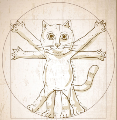 « Chat de Vitruve ». L'image est une parodie du célèbre dessin de Léonard de Vinci, l'« Homme de Vitruve », dans lequel on voit un homme (dont les bras et les jambes apparaissent en double) à la fois dans un carré et dans un cercle, pour montrer le rapport entre ses proportions. L'image est parfois utilisée pour représenter Homo Sapiens, sauf que cette version-ci présente un chat en position debout à la place de l'humain. « Chat de Vitruve ». L'image est une parodie du célèbre dessin de Léonard de Vinci, l'« Homme de Vitruve », dans lequel on voit un homme (dont les bras et les jambes apparaissent en double) à la fois dans un carré et dans un cercle, pour montrer le rapport entre ses proportions. L'image est parfois utilisée pour représenter Homo Sapiens, sauf que cette version-ci présente un chat en position debout à la place de l'humain.