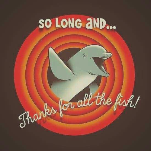 Image d'un générique de fin façon Looney Toons où l'on voit un dauphin saluer de la nageoire, avec le texte « So long, and thanks for all the fish ! » (Traduit en français par « Salut, et merci pour le poisson »), qui est dans le roman le dernier message laissé par les dauphins aux humains au moment d'évacuer la Terre.