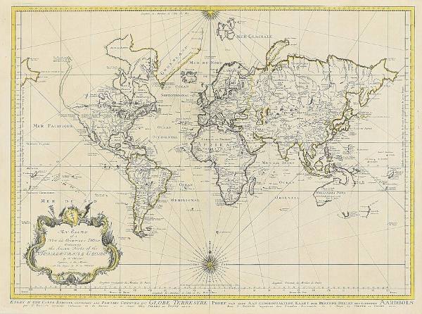 Carte du monde datée de 1750 (la première édition du Systema Naturæ, l'ouvrage de Carl von Linné, paraît en 1735, et sa treizième et dernière édition en 1770), trouvée sur Wikimédia Commons. C'est un planisphère en projection de Mercator, comme ceux qu'on utilise de nos jours, et une grande partie du monde est connue à cette époque, mais on voit que le nord-est de l'Amérique, le nord du Groenland et le sud-ouest de l'Australie ne sont pas dessinés, car pas encore cartographiés précisément (il manque aussi probablement un certain nombre d'îles, mais je n'ai pas vérifié). L'Antarctique est également totalement absente, puisqu'elle ne sera découverte qu'au ⅩⅨème siècle. Ça reste néanmoins un monde beaucoup plus vaste que celui que connaissait Aristote, qui se limitait grosso-modo au bassin méditerranéen. Carte du monde datée de 1750 (la première édition du Systema Naturæ, l'ouvrage de Carl von Linné, paraît en 1735, et sa treizième et dernière édition en 1770), trouvée sur Wikimédia Commons. C'est un planisphère en projection de Mercator, comme ceux qu'on utilise de nos jours, et une grande partie du monde est connue à cette époque, mais on voit que le nord-est de l'Amérique, le nord du Groenland et le sud-ouest de l'Australie ne sont pas dessinés, car pas encore cartographiés précisément (il manque aussi probablement un certain nombre d'îles, mais je n'ai pas vérifié). L'Antarctique est également totalement absente, puisqu'elle ne sera découverte qu'au ⅩⅨème siècle. Ça reste néanmoins un monde beaucoup plus vaste que celui que connaissait Aristote, qui se limitait grosso-modo au bassin méditerranéen.