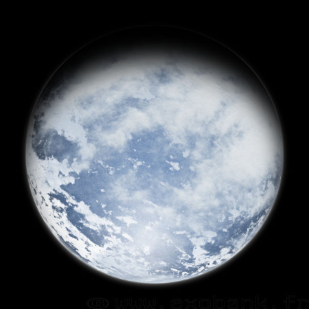 Vue d'artiste d'une planète-océan. On voit une surface bleue recouverte de nuages blancs, qui ressemble un peu à la Terre… à ceci près qu'aucune île ni aucun continent ne dépasse hors de l'eau.