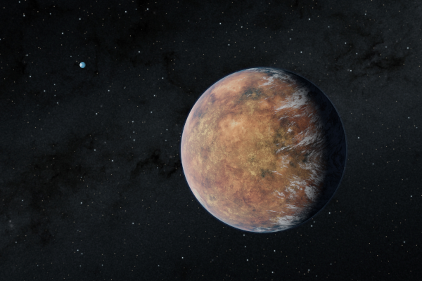 Vue d'artiste de l'exoplanète TOI 700 e, une des plus sérieuses candidates dans la recherche de vie extraterrestre. Sa taille est très légèrement inférieure à celle de la Terre, et elle se situe dans la zone habitable d'une étoile naine rouge particulièrement calme. L'image nous la présente sur fond de ciel étoilée (avec une des autres exoplanètes du système dans le lointain). Elle ressemble un peu à la Terre vue de loin avec des nuages blancs et des reflets bleus, mais l'artiste a représenté une masse continentale marron occupant la quasi-totalité de la face visible.