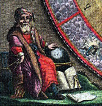 Portrait d'Aristarque de Samos, trouvé sur sa page Wikipédia. On voit un vieux bonhomme barbu la main sur un globe avec un livre ouvert près de lui, et ce qui ressemble à une partie de cadran céleste en arrière-plan. Astronome et mathématicien du deuxième siècle avant Jésus Christ, Aristarque est l'auteur du plus ancien ouvrage connu tentant de mesurer les distances nous séparant de la Lune et du Soleil, mais il a surtout (pour ce qui nous intéresse ici) travaillé sur un modèle héliocentrique, donc faisant tourner la Terre autour du Soleil.