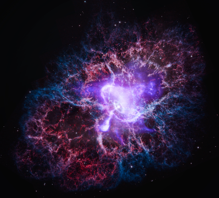 Image de la nébuleuse du crabe prise aux rayons X par le télescope spatial Chandra (pour changer un peu de Hubble). Sur cette vue plus générale, on voit que la photo prise au message précédent était un zoom sur la partie centrale du nuage, et on retrouve tout autour d'elle la forme générale de l'objet tel que vu en lumière visible un peu plus haut.