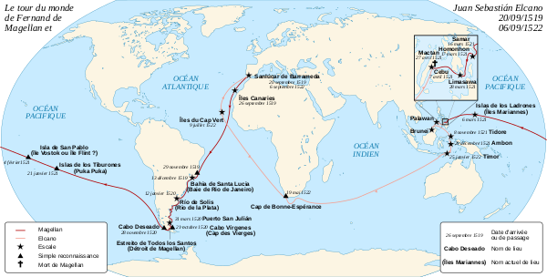 Carte du voyage de Magellan et de son équipage : il s'agit d'un carte du monde sur laquelle l'itinéraire du bateau est indiqué par un trait rouge, avec les lieux des différentes escales indiqués. Magellan lui-même étant mort au cours du voyage, une couleur différente indique la partie qui a été effectuée sous le commandement de son remplaçant, Juan Sebastián Elcano.