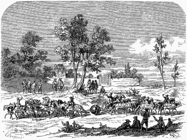 Dessin en noir et blanc de l'expérience des hémisphères de Magdebourg, que j'avais à l'époque trouvée sur Wikimédia Commons pour la mettre dans mon livre. On voit le ciel, des arbres et quelques bâtiments en fond, et un groupe de gens au premier et à l'arrière-plan regardant l'expérience, mais le détail important est évidemment la grosse sphère située vers le milieu de la partie inférieur de l'image, à laquelle sont attachés un certain nombre de chevaux de part et d'autre, qui tirent pour écarter les deux hémisphères mais n'y parviennent pas.