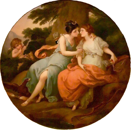 Peinture d'Angelica Kauffman montrant deux femmes, toutes deux équipées de carquois, assises sous un arbre et sur le point de l'embrasser, observées par un oiseau et un angelot. L'une de ces femmes est Callisto, l'autre… Jupiter. En effet, la version du mythe racontée par Ovide indique que le dieu s'est fait passer pour Diane (Artémis) pour la séduire, faisant que la nymphe n'avait même pas conscience d'avoir couché avec lui jusqu'à ce que la déesse se rende compte qu'elle était enceinte.