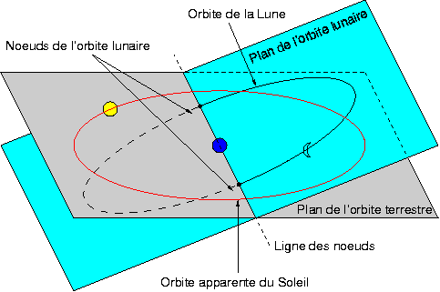 Schéma, trouvé sur la page Wikipédia dédiée aux éclipses, montrant l'angle entre le plan de révolution de la Lune autour de la Terre, et le plan de révolution de la Terre autour du Soleil (le plan de rotation de la Terre sur elle-même n'étant pas représenté ici). De façon évidente, les éclipses ne peuvent se produire que lorsque les astres sont aux mêmes niveaux, donc aux positions où ces orbites se croisent ; mais cet angle influe également sur les marées, puisque l'influence gravitationnelle des deux astres s'additionne plus ou moins selon l'angle entre les deux.