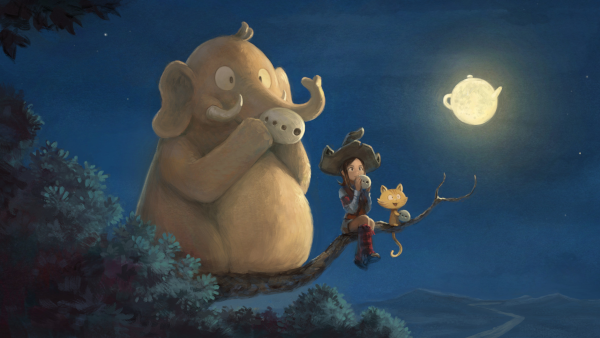 Autre dessin de David Revoy, ne faisant pas partie d'une B.D. cette fois. La scène, intitulée « Mon voisin Mastodon », est inspirée d'un dessin animé de Miyazaki. On y voit Pepper, Carrot et la mascotte de Mastodon assis sur une branche d'arbre avec chacun un ocarina à la main, et dans le ciel, la lune en forme de théière.