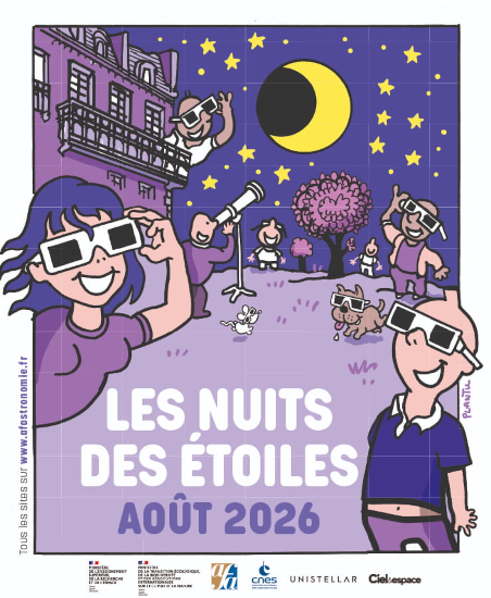 Affiche des Nuits des Étoiles 2026, dessinée par Plantu (dont je ne cautionne pas le reste des dessins par ailleurs). On voit globalement une scène totalement irréaliste avec ce qui est probablement le Soleil partiellement éclipsé dans le ciel (parce que si c'est censé représenter une phase de la Lune, ça n'a pas du tout la bonne forme) et des étoiles autour, alors que les étoiles ne sont visibles que pendant une phase de totalité. Plusieurs personnes (quatre, ainsi qu'un chien et une souris) portent ostensiblement des lunettes de protection des yeux, mais on dirait que c'est plus pour crâner qu'autre chose, aucune d'entre elles ne semblant regarder en direction du ciel (deux autres personnes à l'arrière-plan ont, elles, l'air de regarder le ciel, mais il est beaucoup moins évident de voir si elles portent les lunettes de protection ou pas). Et surtout, on voit une personne qui, elle, regarde en direction de l'éclipse… à la lunette astronomique, ce qu'il faut évidemment éviter totalement de faire. En d'autres termes, la seule personne vraiment montrée en train de faire de l'astronomie a un comportement irresponsable et dangereux. Honnêtement, je ne comprends pas comment ce torchon a pu être sélectionné pour la com' officielle, dans la mesure où son seul intérêt me semble être de montrer que ce n'est pas parce que c'est fait par un être humain que ça ne peut pas être aussi incohérent et bourré de défauts que de l'« AI slop ».
