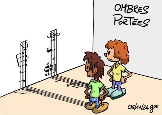 Dessin de Gee, dans son style caractéristique (et qui a été réalisé en direct lors de ses streams sur Grise Bouille TV), dans lequel on voit deux personnages dans le coin d'une pièce se faire face, mais en regardant tous les deux vers le mur. À la place de leur ombre se trouve une portée musicale, où l'on voit apparaître les notes d'un des airs composés par Gee. Le dessin porte le titre « Ombres portées », et la date (six novembre 2024) à côté de la signature de l'artiste. À noter que cette image est une reprise d'une version beaucoup plus ancienne que Gee avait retrouvée en fouillant son ancien blog au cours du stream.