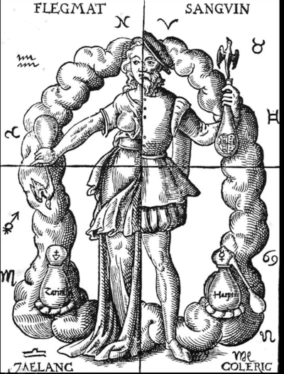 Dessin du seizième siècle, illustrant actuellement la page Wikipédia anglophone sur la « théorie des humeurs », montrant une sorte de personnage entouré par ce qui ressemble à un boyau représentant les quatre humeurs : flegme, sang, bile jaune et bile noire, qui devaient être en équilibre. Chacune de ces humeurs est censée être liée à certains traits de caractère en particulier, et le personnage ici dessiné est représenté en homme d'un côté et en femme de l'autre, parce qu'évidemment, on n'allait pas échapper à quelques clichés sexistes au passage.