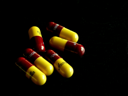 Comprimés d'antibiotiques (globalement six capsules jaune et rouge sur fond noir), photo trouvée sur la page Wikipédia dédiée à ces substances bien utiles pour lutter contre certaines maladies, quoique leur efficacité diminue en ce moment car on les utilise trop, mais on parlera probablement de ça dans un autre thread, après celui de la semaine prochaine. Toujours est-il que le premier antibiotique, la pénicilline, n'a été identifié par Alexander Fleming qu'en 1928, donc une bonne trentaine d'années après la mort de Pasteur.