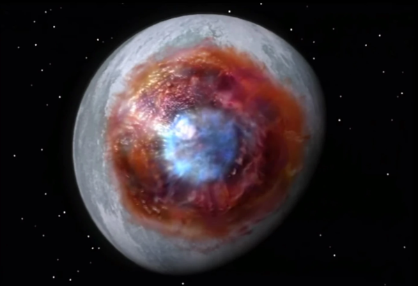 Capture d'écran de Final Fantasy Ⅷ montrant le début du phénomène de larme sélénite. On voit la lune de ce monde avec une grosse tache rouge couvrant une bonne partie de sa surface, censée représenter le flot de monstres se réunissant au même endroit. Au centre, la tache est plutôt bleu, signe que la « larme » commence à couler. L'ensemble peut vaguement évoquer un œil.