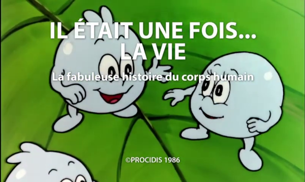 Capture d'écran du dessin animé Il était une fois la vie, que finalement je n'aurais pas utilisé tant que ça parce que les images au microscope ça marche bien aussi (mais j'en ai quand même pris pas mal, vous verrez à la fin du thread). On voit ici un bout du générique, plusieurs bulles d'oxygène personnifies sur une feuille d'arbre avec le titre qui s'affiche.